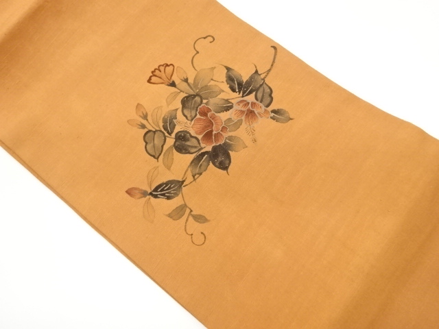 手織り紬手描き花葉模様名古屋帯